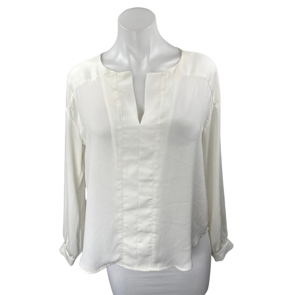 Ann Taylor Women's White Satin Long Sleeve Split V-Neck Shirt Blouse Top Size XS
